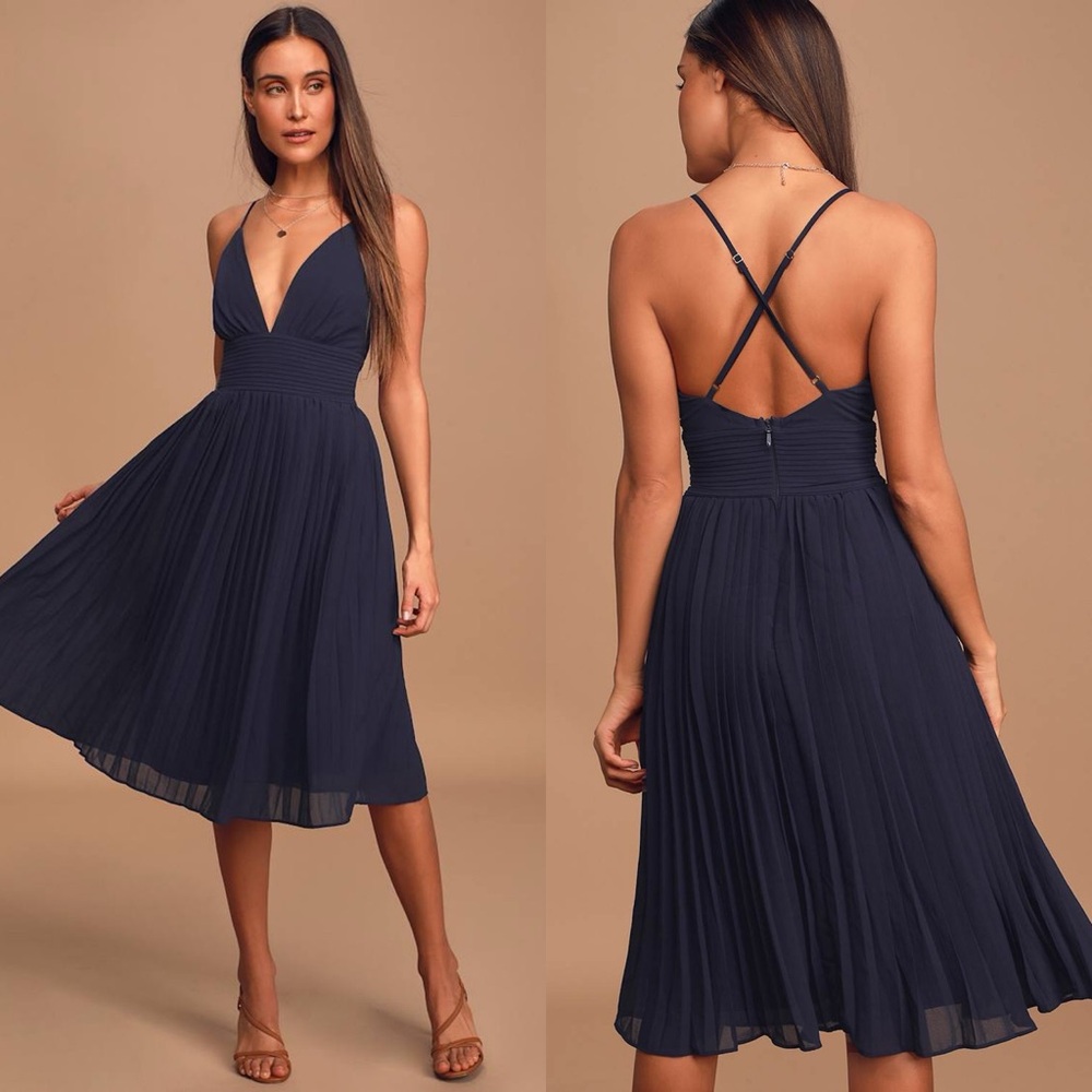 Lulus | Love Me To The Moon Navy Blue Pleated Midi Dress